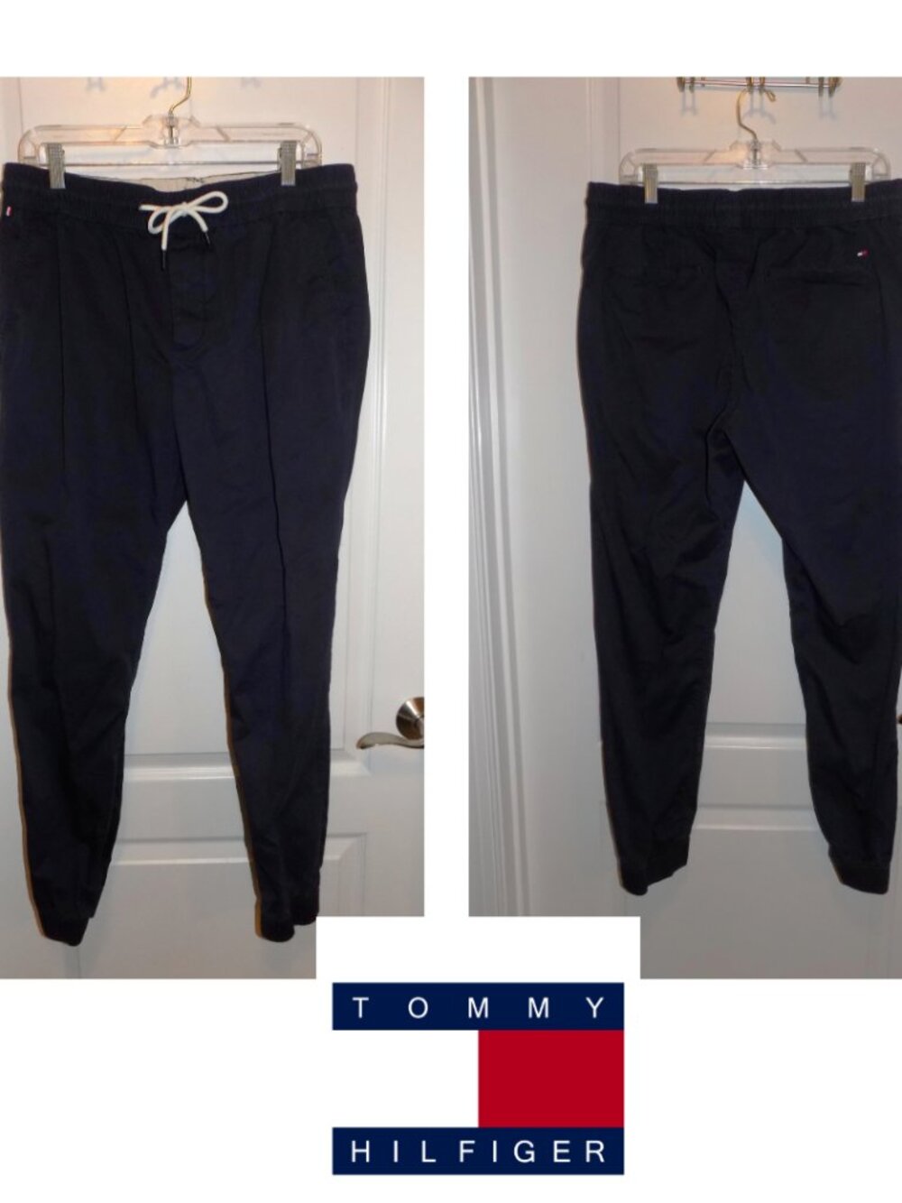 TOMMY HILFIGER Mens Cotton Twill Chino Pants Joggers Medium Navy Blue Elastic